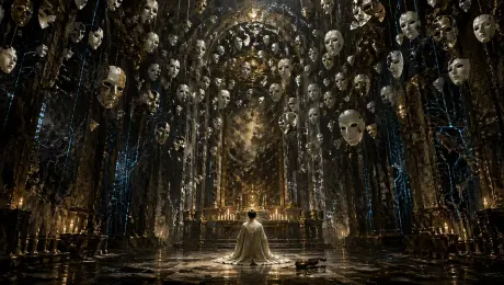 Generates a dark fantasy scene of a kneeling figure in a grand hall filled with suspended objects, ideal for cinematic concept art.
A highly detailed, cinematic wide shot of a grand, dark gothic hall with a {argument name="atmosphere" default="dark fantasy"} aesthetic. In the center, a single figure wearing a {argument name="clothing" default="long white robe"} kneels on a highly reflective stone floor, facing an ornate golden altar illuminated by a row of lit candles. To the right of the kneeling figure, a single {argument name="floor object" default="wooden violin"} rests on the ground. The cavernous room is framed by massive dark stone pillars detailed with {argument name="accent color" default="glowing blue"} ethereal cracks and veins. Suspended from the high ceiling are dozens of {argument name="floating objects" default="white porcelain theatrical masks"} hanging on thin strings, filling the upper half of the space and creating a haunting, surreal atmosphere. The lighting is dramatic and moody, featuring a rich color palette of deep blacks, tarnished golds, and cool blue accents. Format 16:9.