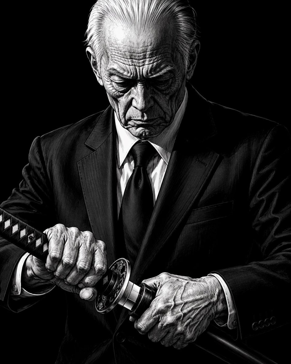 Generates a dramatic, high-contrast black-and-white illustration of an elderly man in a suit drawing a katana, suitable for manga or graphic novel concepts.

A high-contrast, black-and-white illustration of an elderly man in a sharp suit, drawing a katana. The man has slicked-back white hair, deep wrinkles, and an intense, focused expression, looking down at the blade. He wears a dark suit, white shirt, and dark tie. His hands are prominently featured in the foreground, showing pronounced veins and wrinkles as they grip the ornate handle and scabbard of the katana. The background is completely black, emphasizing the dramatic lighting and intricate cross-hatching details on the man's face, hands, and clothing. The style resembles a detailed, gritty manga or graphic novel.
