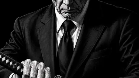 Generates a dramatic, high-contrast black-and-white illustration of an elderly man in a suit drawing a katana, suitable for manga or graphic novel concepts.

A high-contrast, black-and-white illustration of an elderly man in a sharp suit, drawing a katana. The man has slicked-back white hair, deep wrinkles, and an intense, focused expression, looking down at the blade. He wears a dark suit, white shirt, and dark tie. His hands are prominently featured in the foreground, showing pronounced veins and wrinkles as they grip the ornate handle and scabbard of the katana. The background is completely black, emphasizing the dramatic lighting and intricate cross-hatching details on the man's face, hands, and clothing. The style resembles a detailed, gritty manga or graphic novel.
