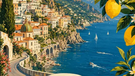 Modern pencil illustration of Vintage travel poster illustration of the Amalfi Coast, Italy, panoramic coastal cliff road scene, classic 1960s white car driving along a curved seaside road, deep blue Mediterranean sea with small sailboats, colorful pastel hillside village, bright blue sky with soft clouds, lemon tree branches with vibrant yellow lemons framing the foreground, warm summer sunlight, bold vibrant colors, retro 1950s travel poster style, cinematic composition, high detail, screen print texture, graphic illustration. Hand-drawn style, illustration with loose strokes and defined contours. High-contrast color palette, maintaining chromatic harmony between background and elements. Contemporary and decorative aesthetic.
