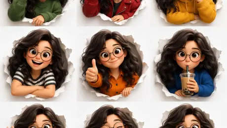 Generates a 9-panel grid of a 3D animated character showing various expressions and outfits while peeking through torn paper.

{
  "type": "3x3 character expression grid",
  "style": "{argument name=\"art style\" default=\"3D animation, Pixar style\"}",
  "character_base": "{argument name=\"character description\" default=\"young woman with voluminous dark wavy hair and round wire-rimmed glasses\"}",
  "common_theme": "{argument name=\"framing concept\" default=\"peeking through a torn hole in white paper\"}",
  "layout": {
    "rows": 3,
    "columns": 3,
    "total_panels": 9,
    "panels": [
      {"position": "top-left", "expression": "winking", "action": "adjusting glasses", "outfit": "green sweater"},
      {"position": "top-center", "expression": "smirking", "action": "lowering dark sunglasses", "outfit": "red leather jacket"},
      {"position": "top-right", "expression": "thinking", "action": "finger on chin", "outfit": "yellow hoodie"},
      {"position": "middle-left", "expression": "big smile", "action": "arms resting on edge", "outfit": "black and white striped shirt"},
      {"position": "middle-center", "expression": "smiling", "action": "thumbs up", "outfit": "orange button-up shirt"},
      {"position": "middle-right", "expression": "neutral", "action": "drinking boba tea", "outfit": "blue sweater"},
      {"position": "bottom-left", "expression": "happy", "action": "waving", "outfit": "purple sweater vest over white shirt"},
      {"position": "bottom-center", "expression": "laughing with eyes closed", "action": "arms crossed", "outfit": "pink cardigan"},
      {"position": "bottom-right", "expression": "silly", "action": "poking cheeks", "outfit": "teal sweater"}
    ]
  }
}