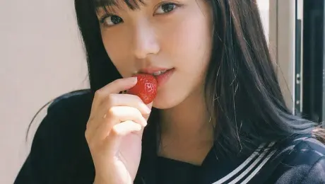 9:16 vertical — Japanese Fuji film style portrait, single subject  Fujifilm analog aesthetic (Pro 400H / Superia feel), soft pastel tones, slight green-magenta shift, low contrast, gentle highlight roll-off, fine film grain, subtle halation, slight vignette  bright natural daylight, diffused sunlight through window, soft shadows, airy atmosphere  young Japanese female idol, natural minimal makeup, fresh glowing skin, realistic texture, slight imperfections  outfit: Japanese school uniform (sailor-style or blazer uniform), neatly styled, non-revealing, youthful and clean  hair: natural dark hair, straight or softly flowing, a few loose strands  pose: front-facing or slight angle toward camera, relaxed posture; one hand gently holding a strawberry near lips, mid-action as if about to take a bite; shoulders relaxed, subtle natural body curve  expression: soft playful gaze, light smile or neutral lips, gentle eye contact with camera  setting: minimal indoor near window or simple outdoor corner, clean background, everyday atmosphere  composition: slightly off-center framing, intimate distance, candid feel  mood: fresh, youthful, sweet everyday moment, understated charm  quality: ultra-realistic, analog film look, natural imperfections, soft dreamy finish