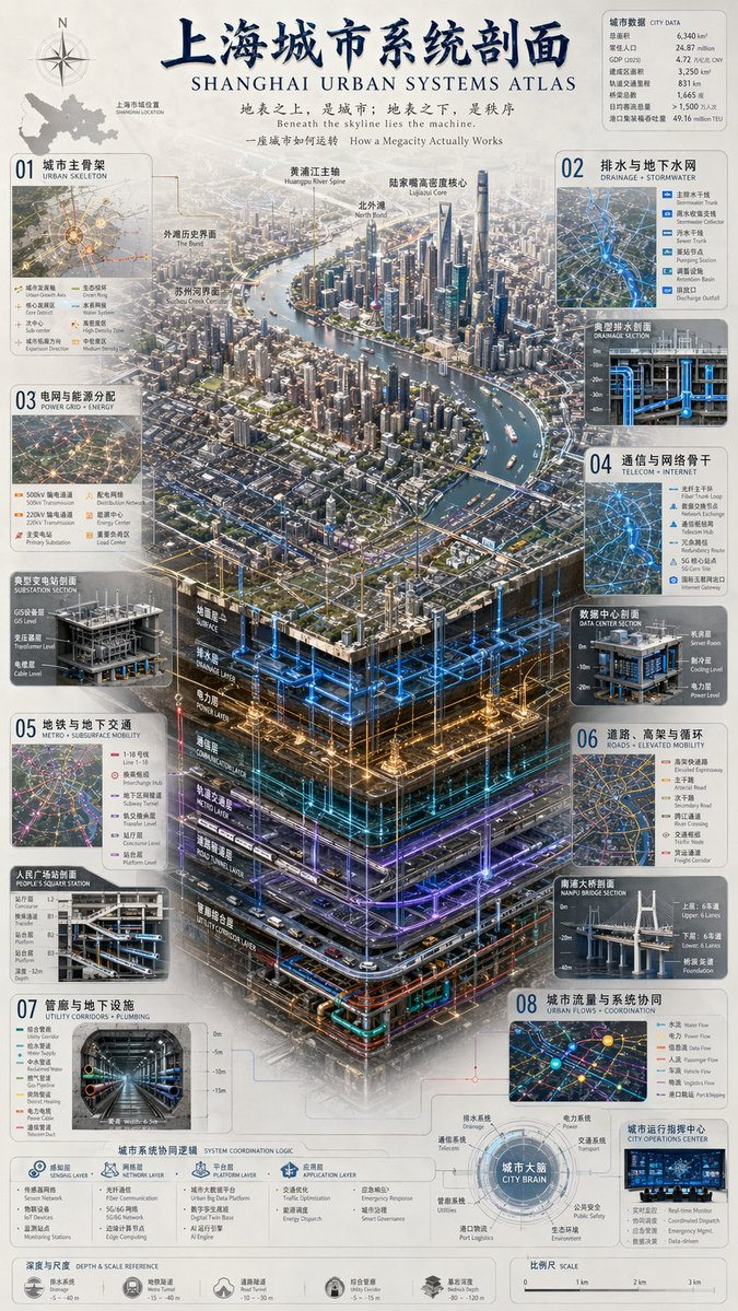 A highly detailed, information-dense infographic featuring a 3D isometric cutaway of a city's subsurface infrastructure, surrounded by data panels and cross-section diagrams.
{
  "type": "complex urban systems atlas infographic",
  "style": "{argument name=\"color palette\" default=\"dark background with glowing blue, gold, and purple accents\"}, highly detailed technical illustration, 3D isometric cutaway",
  "header": {
    "title": "{argument name=\"chinese city name\" default=\"上海\"}城市系统剖面 {argument name=\"english city name\" default=\"SHANGHAI\"} URBAN SYSTEMS ATLAS",
    "subtitles": [
      "地表之上，是城市；地表之下，是秩序 {argument name=\"english subtitle\" default=\"Beneath the skyline lies the machine.\"}",
      "一座城市如何运转 How a Megacity Actually Works"
    ]
  },
  "layout": {
    "top_left": "Compass rose and city map labeled '上海市域位置 SHANGHAI LOCATION'",
    "top_right": "Data table titled '城市数据 CITY DATA' with 7 rows of statistics",
    "centerpiece": {
      "description": "{argument name=\"centerpiece style\" default=\"highly detailed 3D isometric cutaway render\"} of a megacity river landscape",
      "layers": [
        "地面层 SURFACE",
        "排水层 DRAINAGE LAYER",
        "电力层 POWER LAYER",
        "通信层 COMMUNICATION LAYER",
        "轨道交通层 METRO LAYER",
        "道路隧道层 ROAD TUNNEL LAYER",
        "管廊综合层 UTILITY CORRIDOR LAYER"
      ]
    },
    "side_panels": [
      { "id": "01", "title": "城市主骨架 URBAN SKELETON", "elements": "Map with 8 legend items" },
      { "id": "02", "title": "排水与地下水网 DRAINAGE + STORMWATER", "elements": "Cross-section diagram '典型排水剖面 DRAINAGE SECTION' with 5 legend items" },
      { "id": "03", "title": "电网与能源分配 POWER GRID + ENERGY", "elements": "Cross-section diagram '典型变电站剖面 SUBSTATION SECTION' with 6 legend items" },
      { "id": "04", "title": "通信与网络骨干 TELECOM + INTERNET", "elements": "Cross-section diagram '数据中心剖面 DATA CENTER SECTION' with 6 legend items" },
      { "id": "05", "title": "地铁与地下交通 METRO + SUBSURFACE MOBILITY", "elements": "Cross-section diagram '人民广场站剖面 PEOPLE'S SQUARE STATION' with 6 legend items" },
      { "id": "06", "title": "道路、高架与循环 ROADS + ELEVATED MOBILITY", "elements": "Cross-section diagram '南浦大桥剖面 NANPU BRIDGE SECTION' with 6 legend items" },
      { "id": "07", "title": "管廊与地下设施 UTILITY CORRIDORS + PLUMBING", "elements": "Cross-section diagram '综合管廊 UTILITY CORRIDOR' with 8 legend items" },
      { "id": "08", "title": "城市流量与系统协同 URBAN FLOWS + COORDINATION", "elements": "Map diagram '城市运行指挥中心 CITY OPERATIONS CENTER' with 6 legend items" }
    ],
    "bottom_panels": {
      "system_logic": {
        "title": "城市系统协同逻辑 SYSTEM COORDINATION LOGIC",
        "steps": 4,
        "labels": ["感知层 SENSING LAYER", "网络层 NETWORK LAYER", "平台层 PLATFORM LAYER", "应用层 APPLICATION LAYER"]
      },
      "city_brain": {
        "title": "城市大脑 CITY BRAIN",
        "central_node": 1,
        "peripheral_nodes": 8
      },
      "references": {
        "depth_scale": { "title": "深度与尺度 DEPTH & SCALE REFERENCE", "icons": 5 },
        "map_scale": { "title": "比例尺 SCALE", "markers": 4 }
      }
    }
  }
}