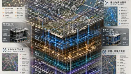 A highly detailed, information-dense infographic featuring a 3D isometric cutaway of a city's subsurface infrastructure, surrounded by data panels and cross-section diagrams.
{
  "type": "complex urban systems atlas infographic",
  "style": "{argument name=\"color palette\" default=\"dark background with glowing blue, gold, and purple accents\"}, highly detailed technical illustration, 3D isometric cutaway",
  "header": {
    "title": "{argument name=\"chinese city name\" default=\"上海\"}城市系统剖面 {argument name=\"english city name\" default=\"SHANGHAI\"} URBAN SYSTEMS ATLAS",
    "subtitles": [
      "地表之上，是城市；地表之下，是秩序 {argument name=\"english subtitle\" default=\"Beneath the skyline lies the machine.\"}",
      "一座城市如何运转 How a Megacity Actually Works"
    ]
  },
  "layout": {
    "top_left": "Compass rose and city map labeled '上海市域位置 SHANGHAI LOCATION'",
    "top_right": "Data table titled '城市数据 CITY DATA' with 7 rows of statistics",
    "centerpiece": {
      "description": "{argument name=\"centerpiece style\" default=\"highly detailed 3D isometric cutaway render\"} of a megacity river landscape",
      "layers": [
        "地面层 SURFACE",
        "排水层 DRAINAGE LAYER",
        "电力层 POWER LAYER",
        "通信层 COMMUNICATION LAYER",
        "轨道交通层 METRO LAYER",
        "道路隧道层 ROAD TUNNEL LAYER",
        "管廊综合层 UTILITY CORRIDOR LAYER"
      ]
    },
    "side_panels": [
      { "id": "01", "title": "城市主骨架 URBAN SKELETON", "elements": "Map with 8 legend items" },
      { "id": "02", "title": "排水与地下水网 DRAINAGE + STORMWATER", "elements": "Cross-section diagram '典型排水剖面 DRAINAGE SECTION' with 5 legend items" },
      { "id": "03", "title": "电网与能源分配 POWER GRID + ENERGY", "elements": "Cross-section diagram '典型变电站剖面 SUBSTATION SECTION' with 6 legend items" },
      { "id": "04", "title": "通信与网络骨干 TELECOM + INTERNET", "elements": "Cross-section diagram '数据中心剖面 DATA CENTER SECTION' with 6 legend items" },
      { "id": "05", "title": "地铁与地下交通 METRO + SUBSURFACE MOBILITY", "elements": "Cross-section diagram '人民广场站剖面 PEOPLE'S SQUARE STATION' with 6 legend items" },
      { "id": "06", "title": "道路、高架与循环 ROADS + ELEVATED MOBILITY", "elements": "Cross-section diagram '南浦大桥剖面 NANPU BRIDGE SECTION' with 6 legend items" },
      { "id": "07", "title": "管廊与地下设施 UTILITY CORRIDORS + PLUMBING", "elements": "Cross-section diagram '综合管廊 UTILITY CORRIDOR' with 8 legend items" },
      { "id": "08", "title": "城市流量与系统协同 URBAN FLOWS + COORDINATION", "elements": "Map diagram '城市运行指挥中心 CITY OPERATIONS CENTER' with 6 legend items" }
    ],
    "bottom_panels": {
      "system_logic": {
        "title": "城市系统协同逻辑 SYSTEM COORDINATION LOGIC",
        "steps": 4,
        "labels": ["感知层 SENSING LAYER", "网络层 NETWORK LAYER", "平台层 PLATFORM LAYER", "应用层 APPLICATION LAYER"]
      },
      "city_brain": {
        "title": "城市大脑 CITY BRAIN",
        "central_node": 1,
        "peripheral_nodes": 8
      },
      "references": {
        "depth_scale": { "title": "深度与尺度 DEPTH & SCALE REFERENCE", "icons": 5 },
        "map_scale": { "title": "比例尺 SCALE", "markers": 4 }
      }
    }
  }
}
