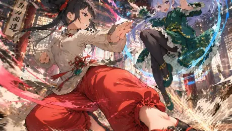 An anime-style illustration of a {argument name="action type" default="high-impact martial arts battle"} between two young female fighters in a {argument name="setting" default="traditional wooden martial arts dojo"}. In the foreground, a girl with black hair in a high bun wears a {argument name="character 1 color theme" default="red and white"} Chinese-style martial arts outfit with baggy pants. She is in a dynamic, low, forward-thrusting stance, surrounded by swirling red energy and water splashes. In the background to the right, a girl with light purple hair in twin buns wears a {argument name="character 2 color theme" default="green and purple"} Chinese dress with gold embroidery and black tights. She is leaping through the air in a flying kick pose, surrounded by swirling blue energy. The wooden floorboards are splintering from the intense impact, with debris and dust flying through the air. Above them hangs a weathered wooden sign with the text "{argument name="sign text" default="武術会"}". The scene features dramatic lighting, a low-angle dynamic perspective, and intense action effects.