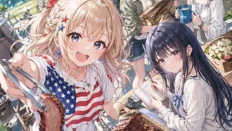 Generates a vibrant anime-style promotional poster featuring four girls at an outdoor BBQ with prominent text overlays.
An anime-style key visual poster for a fictional slice-of-life anime. In the foreground left, an energetic blonde anime girl with star hairpins and blue eyes wears an {argument name="main character outfit" default="American flag t-shirt and denim shorts"}, holding tongs with a slice of smoked meat towards the viewer. In the foreground right, a gentle girl with long dark hair and a white sweater sits at a wooden table writing in a notebook. In the background, two more girls are present: one with a brown ponytail carrying firewood, and another with short silver hair holding a blue mug. The scene is a sunny outdoor BBQ area with a large black smoker grill featuring a sign that reads {argument name="background grill sign" default="LONE STAR BBQ"}. In the immediate foreground is a {argument name="food platter" default="massive wooden platter loaded with sliced brisket, ribs, sausages, burnt ends, and pickles"}, along with side dishes like coleslaw and bread. In the top left corner, a large, cute, bubbly anime logo reads {argument name="anime title" default="もくもく すもーく ガールズ"} with smoke and grill motifs. In the bottom left corner, there is a {argument name="credits text block" default="staff credits block with names and roles"}. In the bottom right corner, a small text box lists four character names. The overall atmosphere is cheerful, highly detailed, and vibrant.
