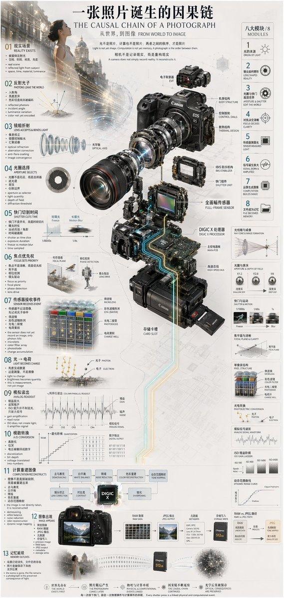 Generates a highly detailed, multi-step technical infographic featuring an exploded view diagram of a complex device.
{
  "type": "technical infographic",
  "subject": "{argument name=\"subject matter\" default=\"digital photography process\"}",
  "header": {
    "title": "{argument name=\"main title\" default=\"一张照片诞生的因果链 THE CAUSAL CHAIN OF A PHOTOGRAPH\"}",
    "subtitle": "从世界，到图像 FROM WORLD TO IMAGE"
  },
  "centerpiece": {
    "description": "Exploded isometric view of a modern mirrorless camera",
    "model": "{argument name=\"camera model\" default=\"Canon EOS R5\"}",
    "labeled_parts_count": 12,
    "labeled_parts": [
      "EVF",
      "Body Structure",
      "Control Dials",
      "Thermal Design",
      "Optical Axis",
      "IBIS Stabilizer",
      "Shutter Unit",
      "Full-Frame Sensor",
      "{argument name=\"processor name\" default=\"DIGIC X Processor\"}",
      "Main PCB",
      "High-Speed Bus",
      "Card Slot"
    ]
  },
  "layout": {
    "left_column": {
      "description": "Chronological causal chain",
      "count": 13,
      "steps": [
        "01 REALITY EXISTS",
        "02 PHOTONS LEAVE THE WORLD",
        "03 LENS ACCEPTS & BENDS LIGHT",
        "04 APERTURE SELECTS",
        "05 SHUTTER CUTS TIME",
        "06 FOCUS SETS PRIORITY",
        "07 SENSOR RECEIVES EVENT",
        "08 LIGHT BECOMES CHARGE",
        "09 ANALOG READOUT",
        "10 A/D CONVERSION",
        "11 COMPUTATION RECONSTRUCTS",
        "12 IMAGE APPEARS",
        "13 MEMORY OUTLIVES"
      ]
    },
    "right_column": {
      "title": "八大模块 / 8 MODULES",
      "count": 8,
      "modules": [
        "1 ORIGIN OF LIGHT",
        "2 LENS SHAPES REALITY",
        "3 APERTURE & SHUTTER EDIT THE WORLD",
        "4 FOCUS DECIDES CLARITY",
        "5 SENSOR MEASURES LIGHT",
        "6 SIGNAL BORN & AMPLIFIED",
        "7 COMPUTATION BUILDS IMAGE",
        "8 FILE BECOMES MEMORY"
      ]
    },
    "side_diagrams": {
      "count": 7,
      "descriptions": [
        "Ray cone & image formation",
        "Aperture & depth of field",
        "Shutter & motion",
        "Focal plane & clarity",
        "Pixel structure",
        "Photoelectric conversion",
        "Analog signal waveform"
      ]
    },
    "footer": {
      "count": 5,
      "description": "Philosophical summary points"
    }
  },
  "style": "technical, precise, wireframe elements, glowing data lines, photorealistic camera components, clean typography, dual-language"
}