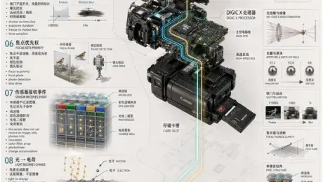 Generates a highly detailed, multi-step technical infographic featuring an exploded view diagram of a complex device.
{
  "type": "technical infographic",
  "subject": "{argument name=\"subject matter\" default=\"digital photography process\"}",
  "header": {
    "title": "{argument name=\"main title\" default=\"一张照片诞生的因果链 THE CAUSAL CHAIN OF A PHOTOGRAPH\"}",
    "subtitle": "从世界，到图像 FROM WORLD TO IMAGE"
  },
  "centerpiece": {
    "description": "Exploded isometric view of a modern mirrorless camera",
    "model": "{argument name=\"camera model\" default=\"Canon EOS R5\"}",
    "labeled_parts_count": 12,
    "labeled_parts": [
      "EVF",
      "Body Structure",
      "Control Dials",
      "Thermal Design",
      "Optical Axis",
      "IBIS Stabilizer",
      "Shutter Unit",
      "Full-Frame Sensor",
      "{argument name=\"processor name\" default=\"DIGIC X Processor\"}",
      "Main PCB",
      "High-Speed Bus",
      "Card Slot"
    ]
  },
  "layout": {
    "left_column": {
      "description": "Chronological causal chain",
      "count": 13,
      "steps": [
        "01 REALITY EXISTS",
        "02 PHOTONS LEAVE THE WORLD",
        "03 LENS ACCEPTS & BENDS LIGHT",
        "04 APERTURE SELECTS",
        "05 SHUTTER CUTS TIME",
        "06 FOCUS SETS PRIORITY",
        "07 SENSOR RECEIVES EVENT",
        "08 LIGHT BECOMES CHARGE",
        "09 ANALOG READOUT",
        "10 A/D CONVERSION",
        "11 COMPUTATION RECONSTRUCTS",
        "12 IMAGE APPEARS",
        "13 MEMORY OUTLIVES"
      ]
    },
    "right_column": {
      "title": "八大模块 / 8 MODULES",
      "count": 8,
      "modules": [
        "1 ORIGIN OF LIGHT",
        "2 LENS SHAPES REALITY",
        "3 APERTURE & SHUTTER EDIT THE WORLD",
        "4 FOCUS DECIDES CLARITY",
        "5 SENSOR MEASURES LIGHT",
        "6 SIGNAL BORN & AMPLIFIED",
        "7 COMPUTATION BUILDS IMAGE",
        "8 FILE BECOMES MEMORY"
      ]
    },
    "side_diagrams": {
      "count": 7,
      "descriptions": [
        "Ray cone & image formation",
        "Aperture & depth of field",
        "Shutter & motion",
        "Focal plane & clarity",
        "Pixel structure",
        "Photoelectric conversion",
        "Analog signal waveform"
      ]
    },
    "footer": {
      "count": 5,
      "description": "Philosophical summary points"
    }
  },
  "style": "technical, precise, wireframe elements, glowing data lines, photorealistic camera components, clean typography, dual-language"
}