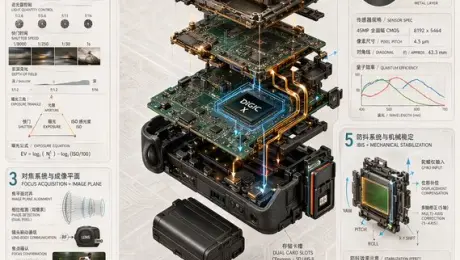 Generates a highly detailed, multi-panel technical infographic featuring a 3D exploded view of a camera and 8 numbered sections explaining the imaging process.
{
  "type": "technical infographic and exploded view diagram",
  "header": {
    "title": "{argument name=\"main title\" default=\"佳能 EOS R5 成像系统剖面 CANON EOS R5 IMAGING ATLAS\"}",
    "subtitles": [
      "一张照片是如何被制造出来的 HOW AN IMAGE IS ACTUALLY FORMED",
      "从光，到数据 | FROM PHOTONS TO FILES",
      "相机不是壳体，而是一条运算链 A camera is not a shell, but a computational chain"
    ],
    "top_left_box": {
      "title": "EOS R5 核心规格 KEY SPECIFICATIONS",
      "bullet_points_count": 6
    },
    "top_right_images": {
      "count": 2,
      "description": "front and back views of the camera body"
    }
  },
  "centerpiece": {
    "description": "highly detailed 3D exploded view of the {argument name=\"camera model\" default=\"Canon EOS R5\"} camera, showing internal components separated vertically",
    "components_visible": [
      "lens mount",
      "lens elements with glowing blue light rays",
      "image sensor",
      "motherboard with glowing {argument name=\"processor name\" default=\"DIGIC X\"} chip",
      "battery pack",
      "dual card slots",
      "electronic viewfinder (EVF)"
    ]
  },
  "layout": {
    "numbered_sections": [
      {
        "number": 1,
        "title": "光学入口 OPTICAL ENTRY",
        "elements": ["lens cross-section with light rays", "2 line graphs"]
      },
      {
        "number": 2,
        "title": "光圈、快门与曝光控制 APERTURE, SHUTTER, EXPOSURE",
        "elements": ["3 aperture blade diagrams", "4 shutter speed example photos", "depth of field diagram", "exposure triangle diagram"]
      },
      {
        "number": 3,
        "title": "对焦系统与成像平面 FOCUS ACQUISITION + IMAGE PLANE",
        "elements": ["lens alignment diagram", "AF coverage photo of a runner"]
      },
      {
        "number": 4,
        "title": "传感器与像素结构 SENSOR + PIXEL ARCHITECTURE",
        "elements": ["3D pixel array diagram", "single pixel cross-section diagram", "sensor spec table", "quantum efficiency graph"]
      },
      {
        "number": 5,
        "title": "防抖系统与机械稳定 IBIS + MECHANICAL STABILIZATION",
        "elements": ["sensor shift mechanism diagram with yaw/pitch/roll axes", "2 stabilization effect comparison photos"]
      },
      {
        "number": 6,
        "title": "模拟信号、模数转换与读出 ANALOG READOUT + A/D CONVERSION",
        "elements": ["signal flowchart", "3 readout timing graphs", "signal-to-noise ratio graph", "rolling shutter example photo of a car"]
      },
      {
        "number": 7,
        "title": "DIGIC X 图像处理链 DIGIC X IMAGE PROCESSING PIPELINE",
        "elements": ["processing flowchart with central chip", "dynamic range graph", "tone curve graph", "histogram"]
      },
      {
        "number": 8,
        "title": "文件生成、显示与存储 FILE OUTPUT, PREVIEW, STORAGE",
        "elements": ["file output flowchart", "2 storage card icons", "file workflow diagram"]
      }
    ],
    "bottom_comparisons": {
      "count": 5,
      "labels": [
        "传感器尺寸对比 SENSOR SIZE COMPARISON",
        "镜头焦距与视角 FOCAL LENGTH & ANGLE OF VIEW",
        "ISO 与噪点关系 ISO & NOISE RELATIONSHIP",
        "光圈与景深关系 APERTURE & DEPTH OF FIELD",
        "RAW vs JPEG"
      ]
    },
    "footer": "{argument name=\"footer quote\" default=\"光被捕获，数据被解读，影像被记录，记忆被永恒。 Light is captured. Data is interpreted. Image is recorded. Memory is eternal.\"}"
  },
  "style": "clean, technical, highly detailed, photorealistic components, blueprint-style annotations, light gray background, precise typography"
}