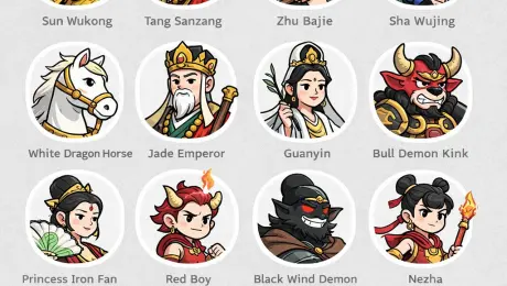 Generates a grid of cartoon-style circular character avatars with text labels, ideal for UI mockups or cast lists.

{
  "type": "character avatar grid",
  "theme": "{argument name=\"theme\" default=\"Journey to the West mythology\"}",
  "style": "{argument name=\"art style\" default=\"clean 2D cartoon vector illustration, thick outlines, flat colors\"}",
  "layout": {
    "background": "{argument name=\"background color\" default=\"light gray\"} subtle texture",
    "format": "grid of circular portraits with text labels centered below each circle",
    "rows": [
      {
        "count": 4,
        "items": [
          {"label": "Sun Wukong", "description": "monkey boy with golden headband and red scarf"},
          {"label": "Tang Sanzang", "description": "monk with ornate golden crown"},
          {"label": "Zhu Bajie", "description": "pig man holding a rake"},
          {"label": "Sha Wujing", "description": "bearded man holding a crescent moon staff"}
        ]
      },
      {
        "count": 4,
        "items": [
          {"label": "White Dragon Horse", "description": "white horse with golden bridle"},
          {"label": "Jade Emperor", "description": "older man with white beard and golden crown"},
          {"label": "Guanyin", "description": "goddess holding a willow branch"},
          {"label": "Bull Demon Kink", "description": "fierce bull demon in armor"}
        ]
      },
      {
        "count": 4,
        "items": [
          {"label": "Princess Iron Fan", "description": "woman holding a green palm leaf fan"},
          {"label": "Red Boy", "description": "boy with red hair, horns, and a small flame"},
          {"label": "Black Wind Demon", "description": "dark shadowy demon with glowing red eyes"},
          {"label": "Nezha", "description": "boy with double hair buns holding a flaming spear"}
        ]
      },
      {
        "count": 3,
        "description": "partial row repeating Princess Iron Fan, Black Wind Demon, and Nezha, slightly cropped at the bottom"
      }
    ]
  }
}