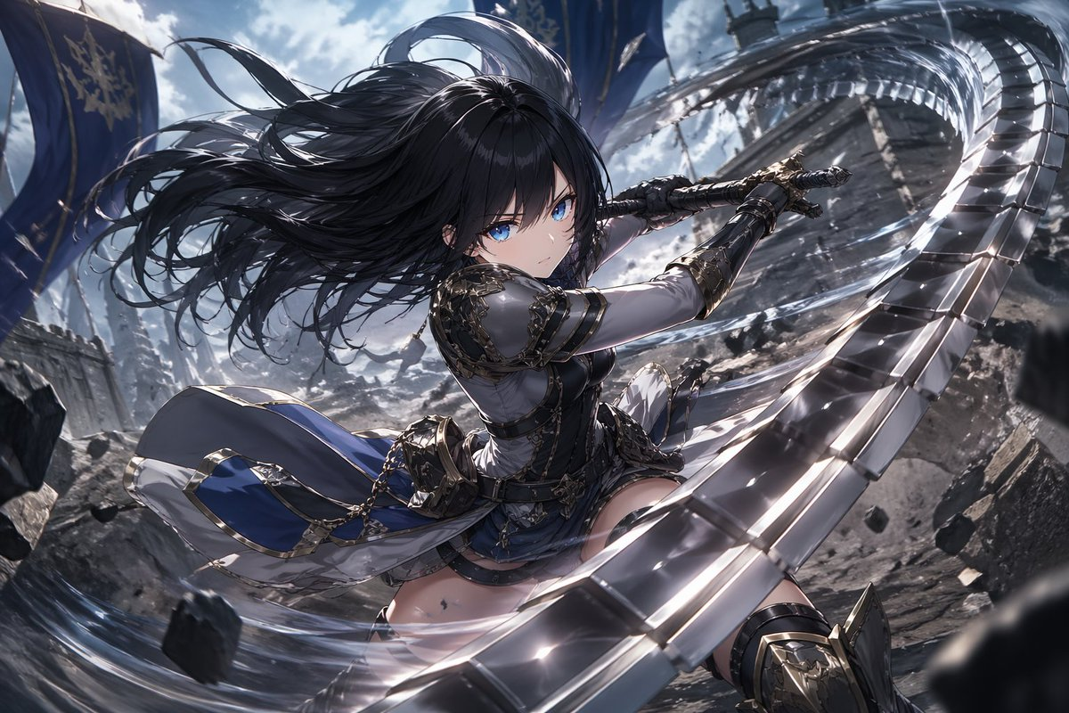 Generates a high-quality anime illustration of a female warrior in a dynamic combat pose wielding a segmented whip-sword in a battlefield setting.

A highly detailed anime illustration of a fierce female warrior with long flowing {argument name="hair color" default="black"} hair and piercing {argument name="eye color" default="blue"} eyes, wearing a mix of silver plate armor with gold trim and a {argument name="outfit color" default="blue and white"} tunic. She is captured in a dynamic combat stance, swinging a massive, {argument name="weapon type" default="segmented metallic whip-sword"} that curves dramatically into the extreme foreground. The weapon leaves a sweeping trail of kinetic energy and wind. The scene is set against a {argument name="background setting" default="ruined battlefield with rocky terrain, floating debris, and large blue banners fluttering in the wind"} under a dramatic cloudy sky. The artwork features cinematic lighting, intense action, and a dramatic forced perspective on the weapon.
