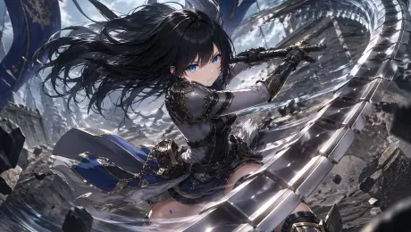 Generates a high-quality anime illustration of a female warrior in a dynamic combat pose wielding a segmented whip-sword in a battlefield setting.

A highly detailed anime illustration of a fierce female warrior with long flowing {argument name="hair color" default="black"} hair and piercing {argument name="eye color" default="blue"} eyes, wearing a mix of silver plate armor with gold trim and a {argument name="outfit color" default="blue and white"} tunic. She is captured in a dynamic combat stance, swinging a massive, {argument name="weapon type" default="segmented metallic whip-sword"} that curves dramatically into the extreme foreground. The weapon leaves a sweeping trail of kinetic energy and wind. The scene is set against a {argument name="background setting" default="ruined battlefield with rocky terrain, floating debris, and large blue banners fluttering in the wind"} under a dramatic cloudy sky. The artwork features cinematic lighting, intense action, and a dramatic forced perspective on the weapon.
