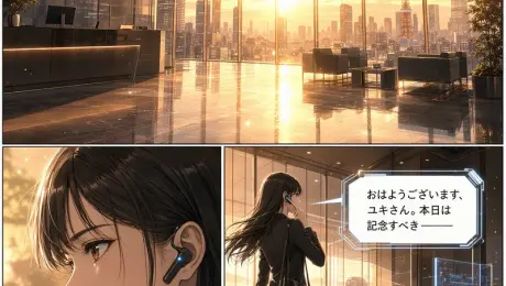 {
  "type": "3-panel manga page",
  "style": "anime, highly detailed, cinematic lighting, futuristic corporate",
  "layout": {
    "structure": "1 wide top panel, 2 square bottom panels"
  },
  "panels": [
    {
      "position": "top",
      "shot": "wide landscape",
      "scene": "Futuristic corporate lobby with floor-to-ceiling windows",
      "lighting": "{argument name=\"time of day\" default=\"sunrise\"}",
      "background": "City skyline featuring {argument name=\"landmark\" default=\"Tokyo Tower\"}",
      "details": "Holographic displays, polished reflective floor, reception desk, lounge chairs"
    },
    {
      "position": "bottom left",
      "shot": "close-up profile",
      "character": "Young woman, dark hair, black business suit",
      "accessories": "Futuristic black earpiece with glowing blue light",
      "speech_bubble": {
        "style": "standard rounded",
        "text": "{argument name=\"character dialogue\" default=\"数字はいいわ\"}"
      }
    },
    {
      "position": "bottom right",
      "shot": "full body, walking away, touching earpiece",
      "character": "Same woman, black suit, black heels, carrying a black tote bag",
      "environment": "Approaching security gates",
      "holographic_sign": "{argument name=\"floor sign\" default=\"ECHO 42F\"}",
      "speech_bubble": {
        "style": "futuristic angular",
        "text": "{argument name=\"AI dialogue\" default=\"おはようございます、ユキさん。本日は記念すべき ──\"}"
      }
    }
  ]
}