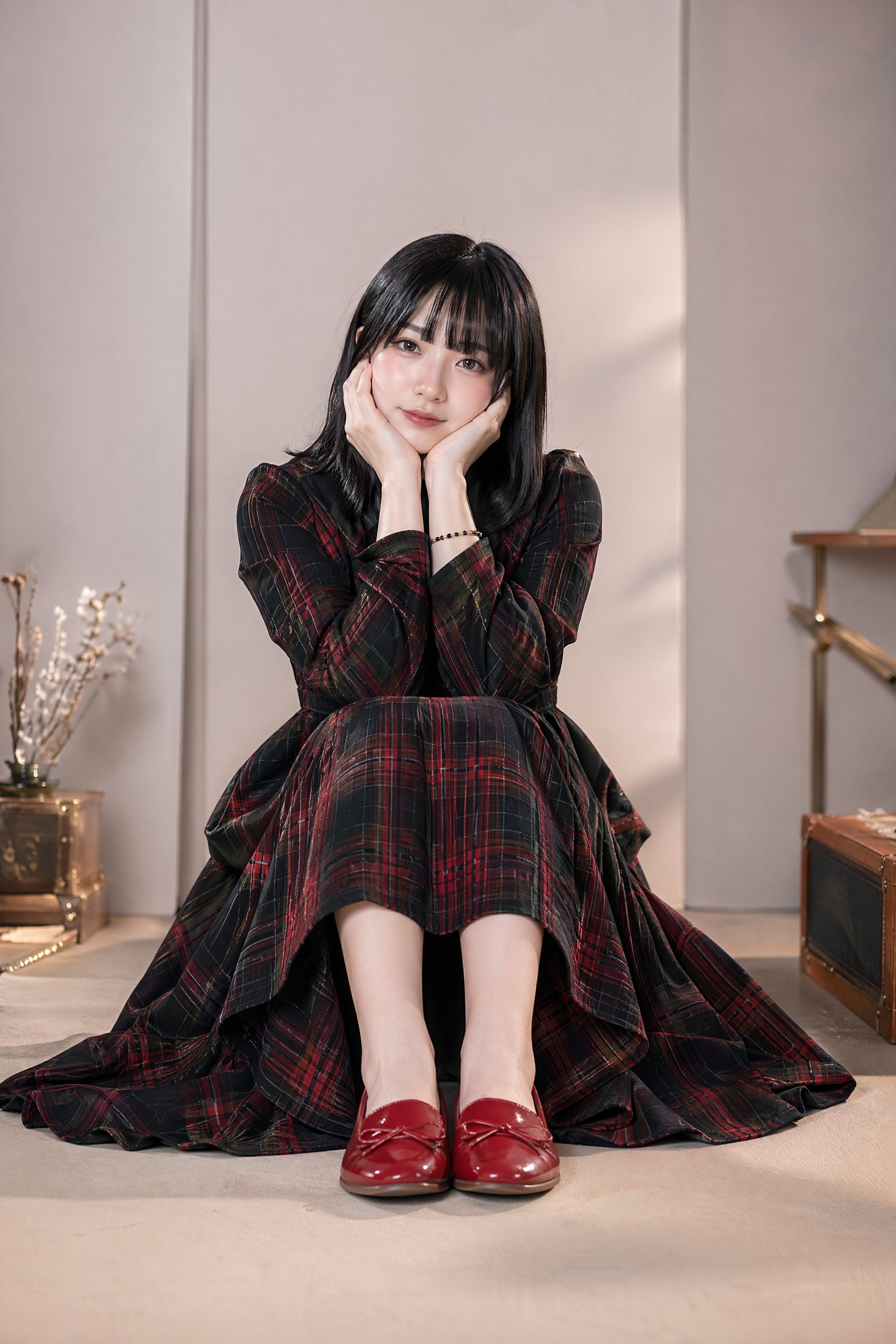 Have the model wear outfit number 15 from the catalog. Adjust the background and scenes to match the fashion's world aesthetic.
