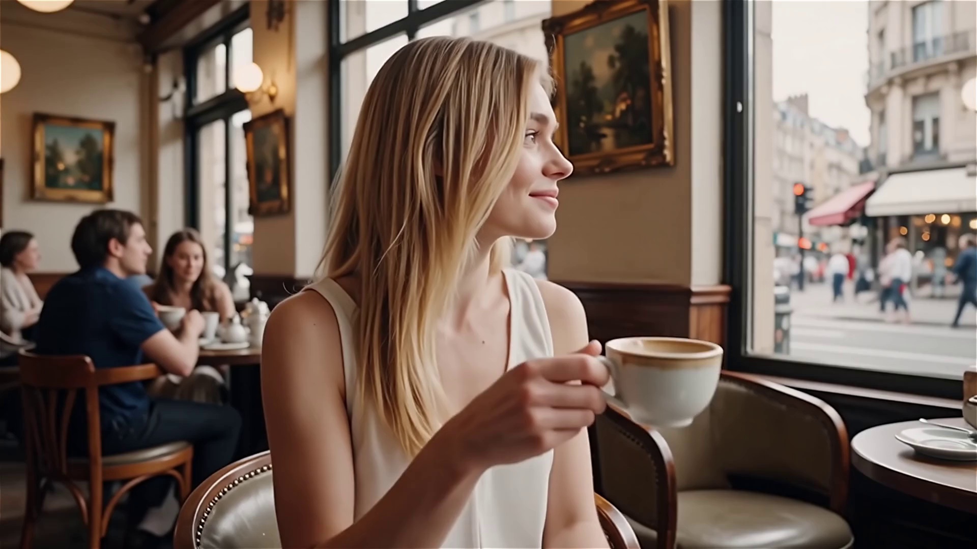 A woman sits in a retro-style upscale coffee shop, holding a cup of coffee. She savors it carefully, a pleased expression on her face, and says, "This coffee is really good."