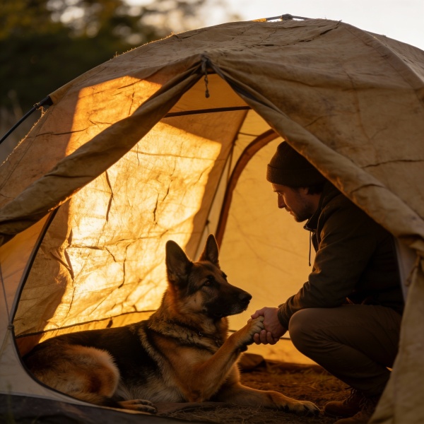 Afternoon side light illuminates the camping tent, withthe rough texture of the tent canvas clearly visible. AGerman Shepherd lies inside; its owner squats down to shake hands with it.