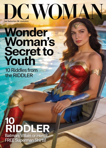  "prompt_type": "magazine_cover",
  "magazine_title": "DC WOMAN",
  "cover_subject": {
    "actor": "Gal Gadot",
    "portrayal": "Wonder Woman",
    "pose": "sitting confidently on a modern pool chair",
    "wardrobe": "iconic Wonder Woman costume, pristine and cinematic",
    "expression": "calm, powerful, and radiant confidence",
    "attractiveness_notes": "balanced facial symmetry, expressive eyes, elegant posture, flattering natural makeup"
  },
  "scene": {
    "location": "luxury outdoor pool",
    "environment": "sunlit poolside with shimmering blue water",
    "time_of_day": "golden afternoon",
    "weather": "clear sky, warm light"
  },
  "composition": {
    "framing": "medium-full body portrait",
    "camera_angle": "eye-level, slightly angled for elegance",
    "lens": "50mm cinematic portrait lens",
    "depth_of_field": "shallow, soft background blur",
    "focus": "sharp focus on subject"
  },
  "lighting": {
    "type": "natural sunlight with soft fill",
    "direction": "side-lit with gentle rim light",
    "mood": "warm, heroic, aspirational"
  },
  "color_palette": {
    "primary": ["red", "blue", "gold"],
    "secondary": ["aqua blue", "sunlit white"],
    "tone": "vibrant yet polished magazine-grade color grading"
  },
  "cover_text": {
    "main_headline": "Wonder Woman’s Secret to Youth",
    "subheadlines": [
      "10 Riddles from the RIDDLER",
      "Batman: Villain or Hero?",
      "FREE Superman Shirts!"
    ]
  },
  "typography": {
    "title_font": "bold modern serif",
    "headline_font": "clean high-contrast sans serif",
    "layout_style": "high-fashion editorial with balanced spacing"
  },
  "quality": {
    "resolution": "8k",
    "detail_level": "ultra-detailed",
    "finish": "glossy premium magazine cover"
  },
  "aspect_ratio": "3:4",
  "negative_prompt": [
    "blurry",
    "low resolution",
    "extra limbs",
    "distorted anatomy",
    "overexposed",
    "harsh shadows",
    "cartoon style",
    "watermarks",
    "text artifacts",
    "logo distortion"
  ]
}
