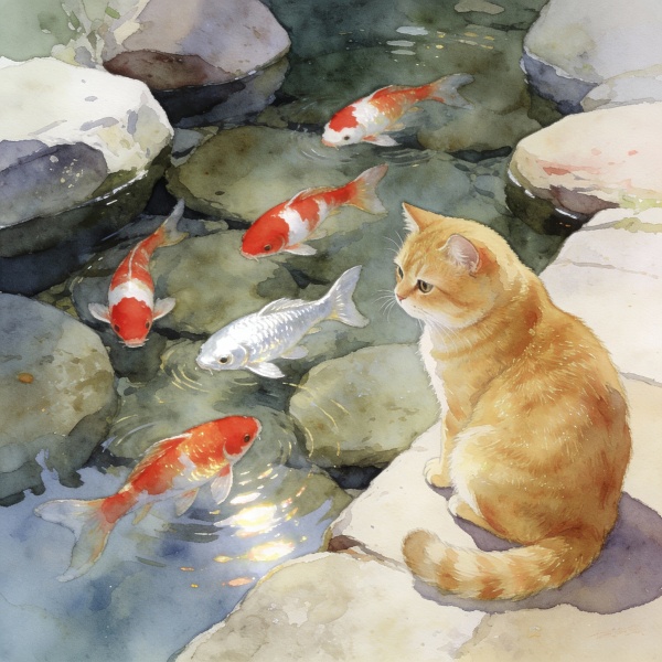 Five shimmering goldfish weave through crevicesbetween stones; four are red-and-white, while one issilver-white.By the pond's edge, a golden shadedBritish Shorthair cat watches them intently, counting onblind luck. Watercolor style