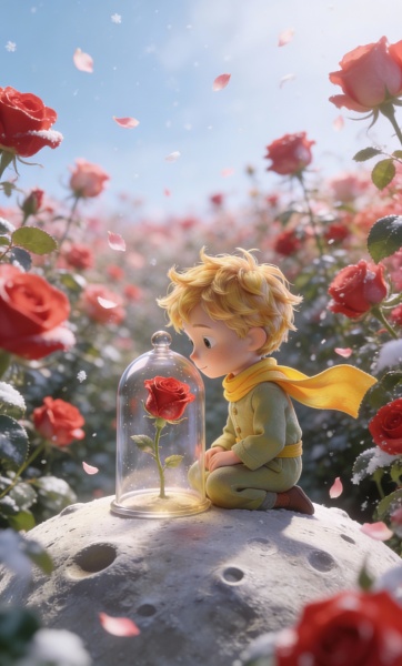 Change the background to a dreamy rose garden, where vibrant roses sway in the breeze, the Little Prince and the rose nestle together, and petals fall gently like snowflakes in the soft wind.