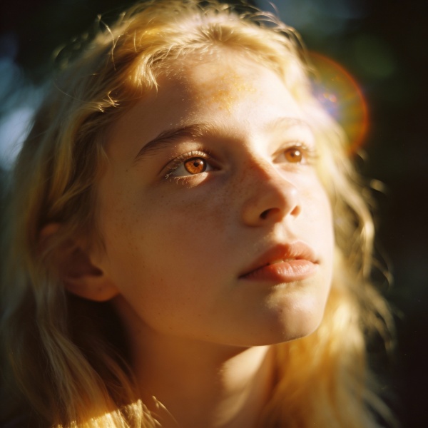 Analog-style portrait of a mystical blonde girl with sun-kissed skin and soft brown eyes. Shot on Cinestill 400D film aesthetic, subtle halation, gentle grain, and warm cinematic tones. Low-angle composition with natural light, creating an artistic, nostalgic, and slightly melancholic mood. Feels intimate, dreamy, and timeless.