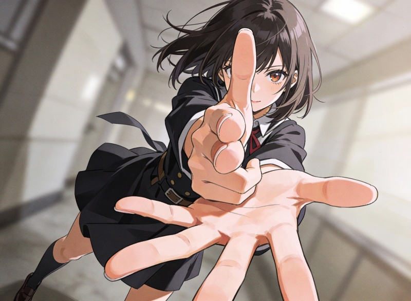 Scene: type: "battle scene" camera_angle: "dramatic dutch angle, tilted composition" lens: type: "super wide-angle lens" effects: - "extreme perspective" - "strong spatial compression between foreground, midground, background" Character: identity: ethnicity: "Japanese" gender: "girl" hair: "medium-length hair" outfit: style: "windy, dressy, trendy yumekawa fashion" pose: description: "bold, dynamic action pose" body_orientation: "leaning with momentum implied by the tilt" Hands_and_Gesture: right_hand: gesture: "index finger extended, thumb raised, other fingers curled inward" shape: index_finger: "extended straight forward" thumb: "raised vertically" other_fingers: "tightly curled inward" position: "held in front of her face" gaze_alignment: "her eyes follow the pointing direction" left_hand: gesture: "open hand" fingers: "all five fingers widely spread" position: "placed below and slightly in front of the right hand" palm_direction: "facing upward as if supporting it" perspective_role: "dominates the extreme foreground" perspective: dominance: "left hand is massively enlarged by wide-angle distortion" clarity: "both hands and face in sharp detail" depth_of_field: "full DOF, no background blur" Lighting: type: "soft indoor lighting" mood: "gentle highlights, controlled shadows" background: "neutral, blurred environment" Cinematic_Effects: atmosphere: "action tension + stylized anime dynamism" motion_sense: "perspective and Dutch angle add momentum" Output: aspect_ratio: "16:9" style: "high-quality anime illustration" rendering: "clean lines, sharp details, accurate anatomy"