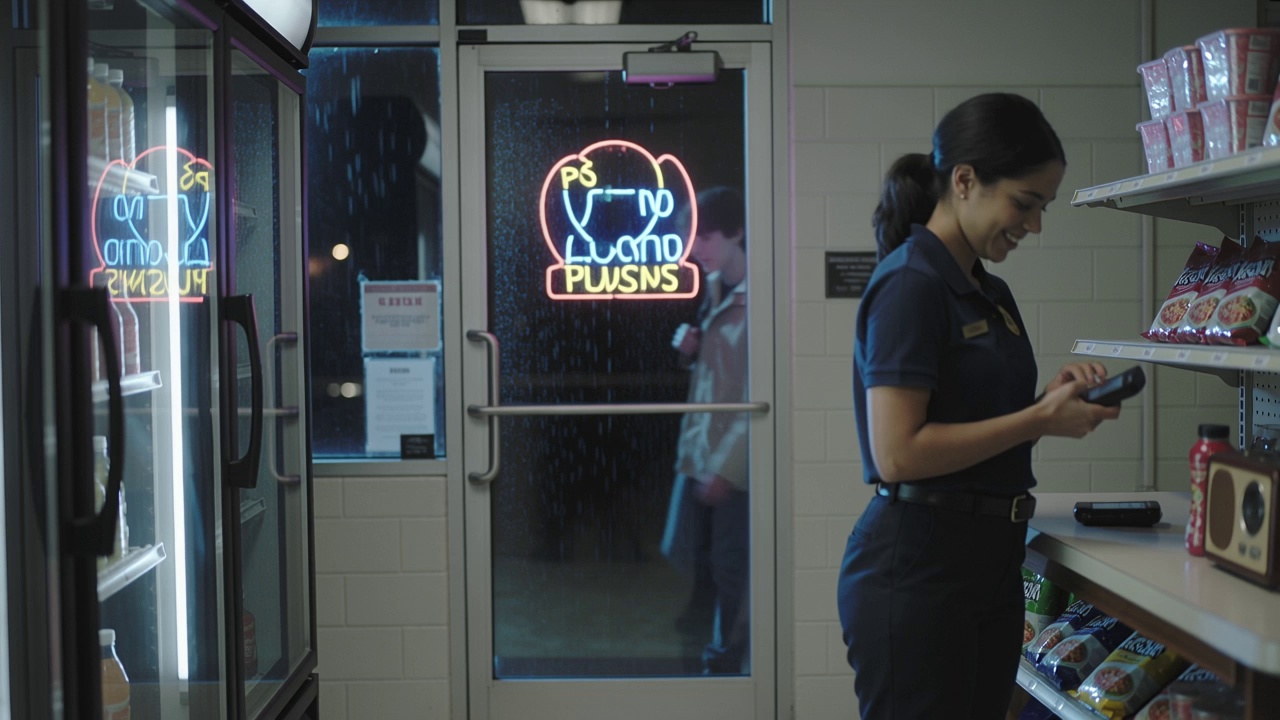 Neon reflections shimmer on the glass door of a small convenience store at night. Inside, a young cashier stacks instant ramen while a tiny radio plays old pop music. Refrigerators hum steadily, and their soft buzzing fills the empty aisles.
A college student walks in, brushing raindrops off his jacket. As he grabs an energy drink, he jokes, "You must think I live here at this point." The cashier laughs: "Third time today. Finals week must be brutal." Their voices feel natural, grounded, mixed with the beeping of the barcode scanner.
As he pays, he sighs, "If I survive this exam, I'm coming back for every snack in this store." The cashier replies, "Deal—just don't drink all the coffee tonight." Rain taps against the glass again as he leaves, the small bell chiming above the door before the scene fades.