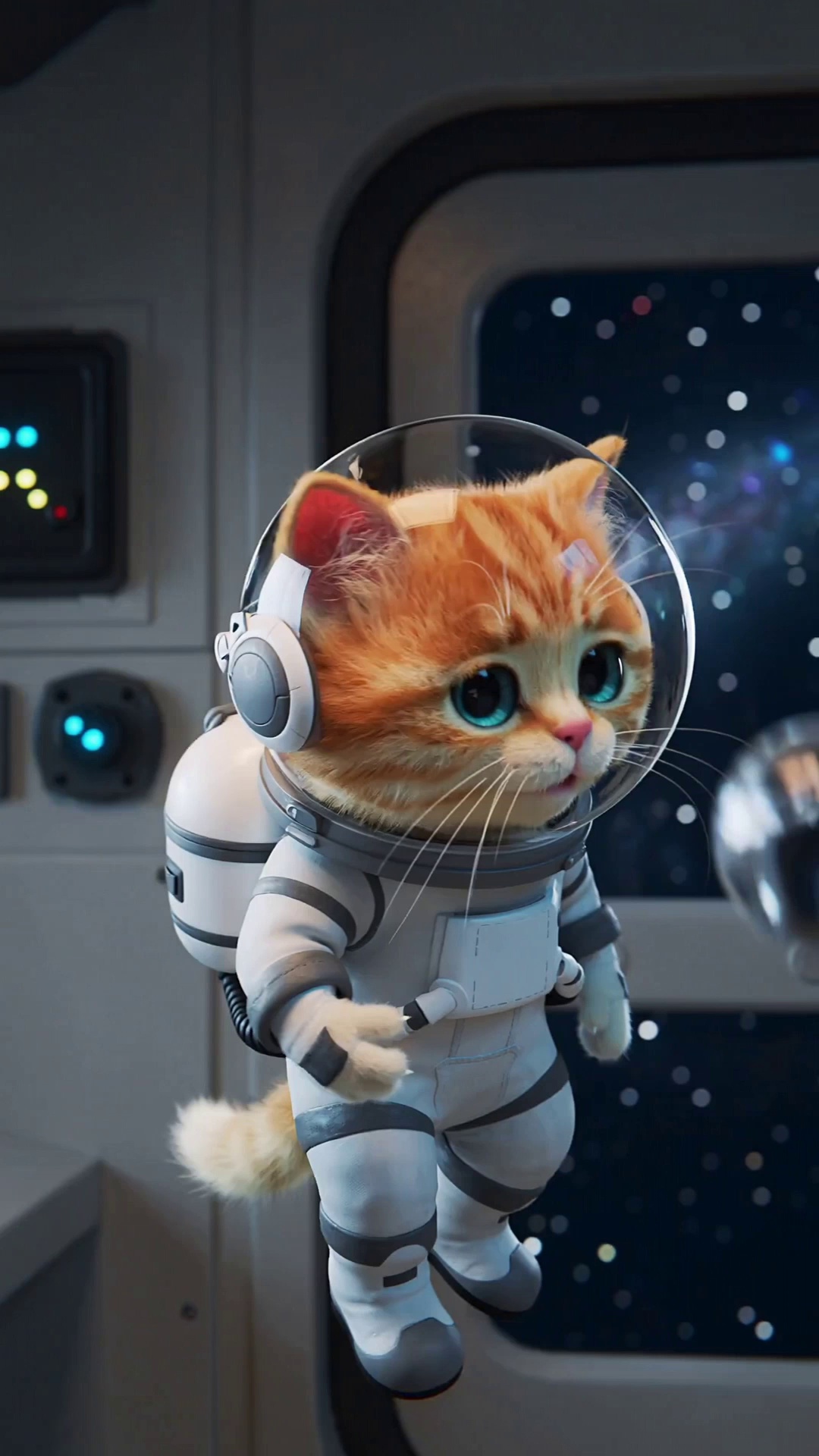 Pixar animation style, 3D render. A fluffy orange kitten wearing a tiny astronaut suit floating inside a spaceship cabin, curiously trying to catch a floating water sphere with its paw, adorable facial expression, soft cinematic lighting, fur detail, octane render.
