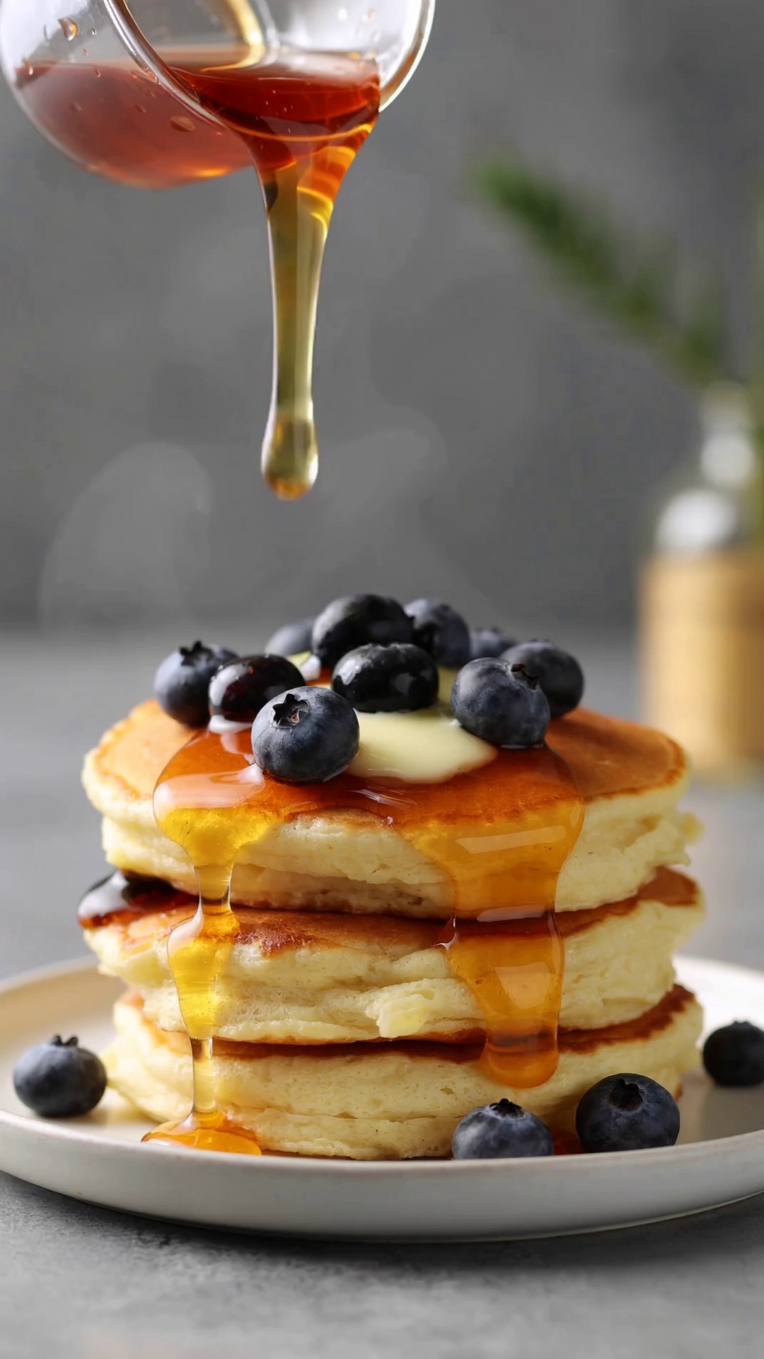 Commercial food cinematography, slow motion pour of golden thick honey over a stack of fluffy pancakes, steam rising, fresh blueberries and melting butter on top, studio lighting, mouth-watering, 8k resolution, macro shot, shallow depth of field.