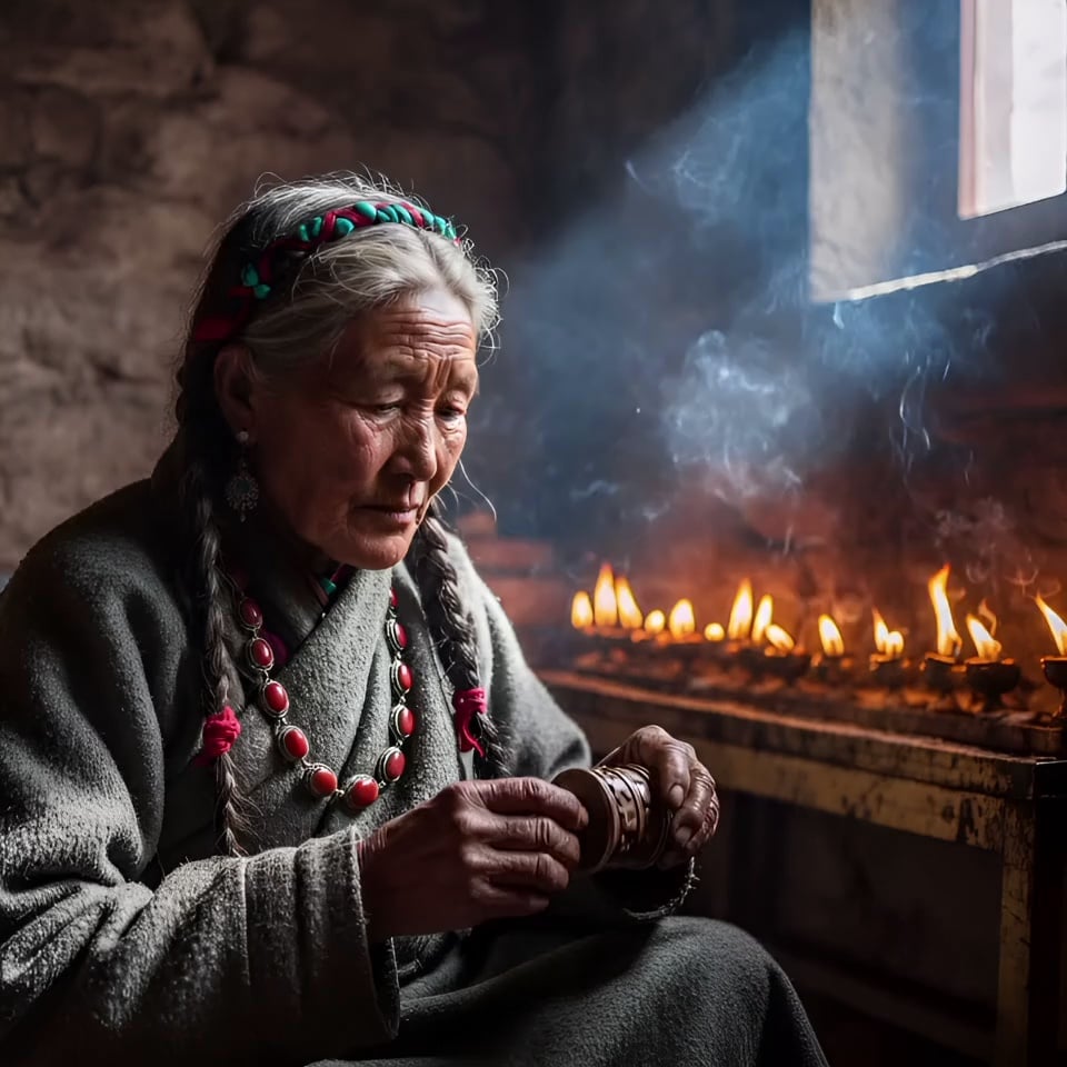 An elderly Tibetan woman with weather-worn skin and braided hair gently spins a wooden prayer wheel in her hands, her lips moving in a rhythmic silent mantra. The thick incense smoke swirls and drifts through a sharp shaft of sunlight from an unseen window, while a row of butter lamps flickers and dances on the wooden shelf behind her. The camera performs a slow cinematic zoom-in, focusing on the intricate details of her jewelry and the serene expression on her face, with a subtle handheld organic shake. 4k, 60fps, highly detailed, realistic texture, cinematic color grading, volumetric lighting, photorealistic.