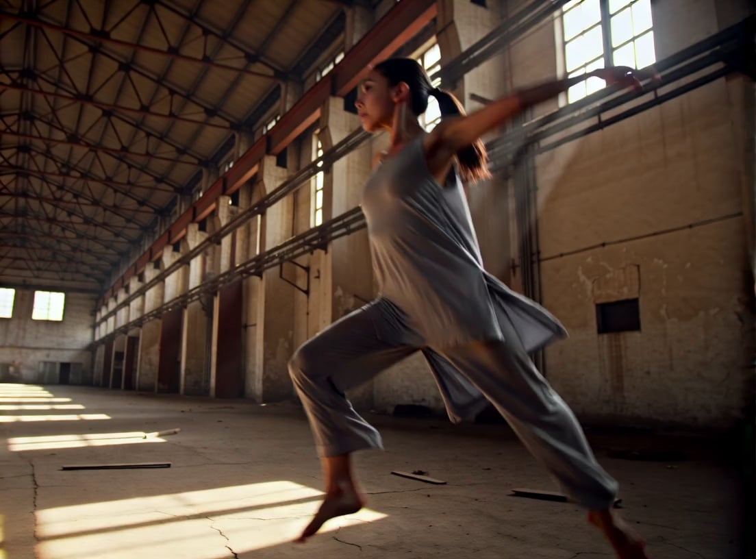A contemporary dancer in flowing linen clothing performing a series of fluid, high-energy leaps and floor-work in a cavernous, derelict industrial warehouse with cracked concrete floors. A fast-paced dynamic orbital tracking shot circles 360 degrees around the performer from a low angle, capturing the swirling dust particles kicked up by the movement. Volumetric "God rays" pierce through high windows, creating high-contrast lighting with visible dust motes and deep shadows. Cinematic 4K, sharp focus on the subject with rhythmic motion dynamics and a gritty industrial aesthetic.