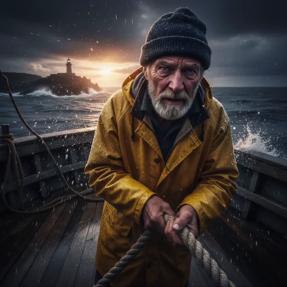The weathered fisherman in his yellow oilskin coat strains with intense effort, pulling a thick, brine-soaked rope hand-over-hand across the swaying wooden deck. Salt spray and heavy rain whip violently against his face, his white beard glistening with moisture as he squints against the gale. In the background, massive waves crash over the gunwales and against the distant lighthouse cliff, while the boat rolls and pitches dramatically on the dark, churning sea. The camera employs a dynamic handheld shake to simulate the rough waters, executing a slow, tension-filled zoom-in on the man's grit-strewn face, capturing the dramatic volumetric lighting of the setting sun piercing through dark storm clouds. 4k, 60fps, motion blur, highly detailed, realistic texture, cinematic color grading, photorealistic.
