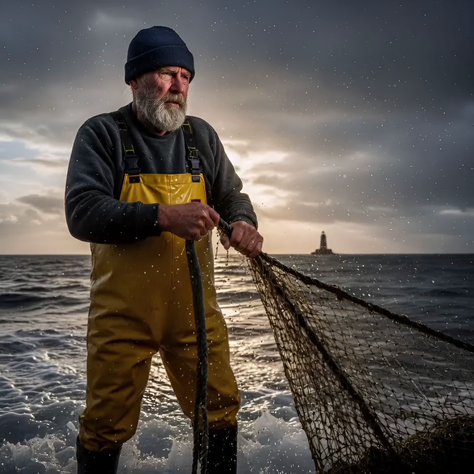 The weathered fisherman exerts grit and strength, pulling a heavy seawater-soaked net onto the deck. Water droplets spray and fly off the net fibers, illuminated by the golden sun. His thick beard and beanie flutter in the salt-laden wind while his eyes narrow against the crashing waves. Behind him, the ocean surges with white foam and the distant lighthouse flickers amidst fast-moving storm clouds. A cinematic handheld camera shake simulates the boat's motion, slowly zooming in on the fisherman’s strained expression. Dramatic volumetric lighting, 4k, 60fps, realistic water textures, cinematic color grading, photorealistic.