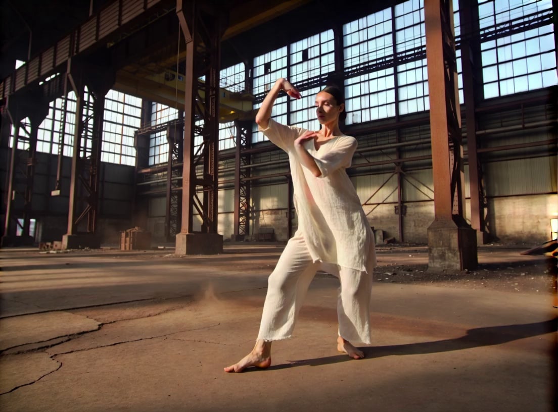 A contemporary dancer in fluid linen attire performing a sequence of sharp, expressive movements and a controlled spin; a cavernous abandoned industrial warehouse with cracked concrete floors and rusted steel beams; a dynamic 360-degree orbital tracking shot that circles the dancer while slowly ascending to a high-angle; volumetric "God rays" piercing through shattered high-altitude windows, illuminating swirling dust particles in high-contrast light and shadow; cinematic 4K, slow motion at 60fps, shallow depth of field focusing on the dancer's form, industrial grit aesthetic.