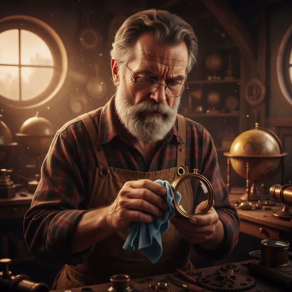 Elderly master craftsman with a silver beard meticulously polishing a brass-rimmed magnifying glass with a soft blue microfiber cloth, dust particles dancing in the golden sunbeams, he slightly tilts his head to inspect the lens with a focused gaze. Slow macro zoom-in transitioning to a shallow depth of field, subtle handheld sway. Background features ancient globes and intricate clockwork gears slowly rotating. Warm volumetric lighting streaming through a round window, rich wooden textures and metallic glints, cinematic color grading, 4k, 60fps, photorealistic, highly detailed.