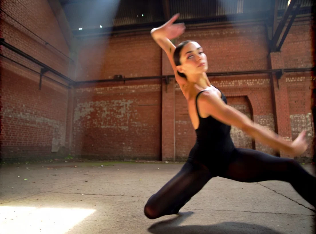 A contemporary dancer in minimalist attire performing fluid, high-energy movements and a controlled slow-motion pirouette inside a derelict industrial warehouse with weathered brick walls. A dynamic 360-degree tracking shot orbits the dancer at mid-range, transitioning from a low-angle to a high-angle perspective. Volumetric "god rays" pierce through broken skylights, creating deep chiaroscuro shadows and illuminating swirling dust motes in the hazy air. Cinematic wide-angle aesthetic, 60fps slow-motion capture, high contrast with sharp detail on fabric textures and gritty concrete surfaces.