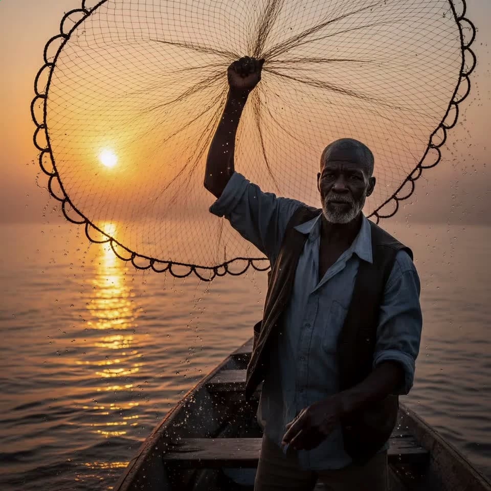 Weathered elderly fisherman standing on a traditional wooden boat, slowly lifting a large circular fishing net with glistening water droplets cascading down in slow motion. The subject's facial muscles subtly shift as he gazes toward the horizon, his grey beard catching the golden light. Low-angle slow zoom in toward the fisherman's face, combined with a subtle handheld camera shake to simulate the natural sway of the water. Epic sunset atmosphere with golden hour light creating a shimmering reflection on the undulating waves, volumetric sunbeams piercing through the fine mesh of the net. 4k, 60fps, slow motion, highly detailed, realistic texture, cinematic color grading, photorealistic.