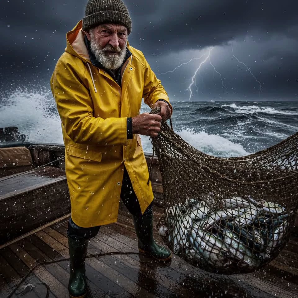 The grizzled fisherman in a bright yellow raincoat strains as he hauls a heavy net brimming with wriggling fish onto the deck. His beard and raincoat flap violently in the gale-force winds, while heavy rain and sea spray drench his face. In the background, massive waves crash against the boat and a jagged bolt of lightning illuminates the dark, turbulent clouds. Handheld camera shake with a slow, dramatic zoom-in on the fisherman's intense, weathered face. Cinematic lighting, volumetric storm clouds, hyper-realistic water physics, 4k, 60fps, slow motion, motion blur.