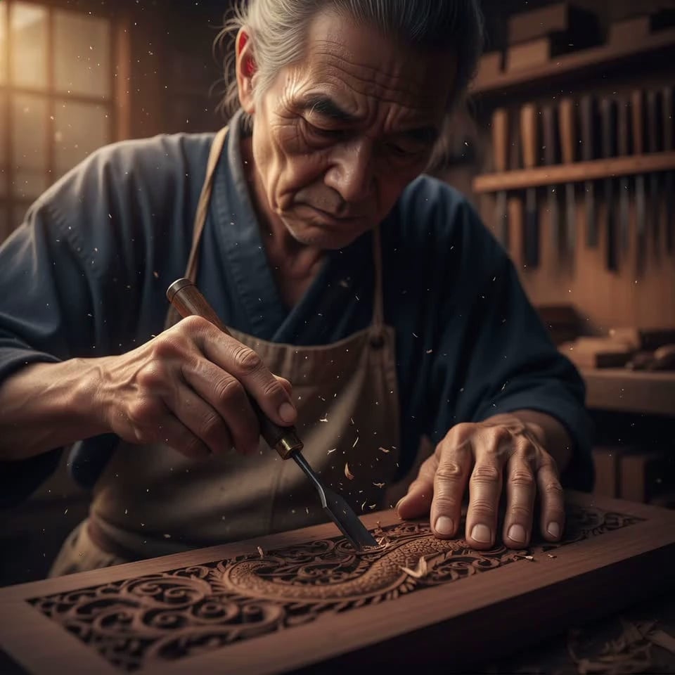 The master woodcarver with silver hair and weathered skin meticulously pushes a sharp chisel across the dark wood board, intricate dragon patterns emerging under his steady hands; fine wood shavings curl and fly away in slow motion as he breathes out slowly. The camera starts with an extreme macro close-up of the chisel tip carving the wood, then performs a slow, cinematic zoom-in towards the craftsman's focused eyes, showing a shallow depth of field. Golden sunlight streams through the workshop window in the background, creating dramatic volumetric light beams where dust motes swirl and dance in the air. 4k, 60fps, slow motion, motion blur, highly detailed, realistic wood texture, cinematic color grading, volumetric lighting, photorealistic.