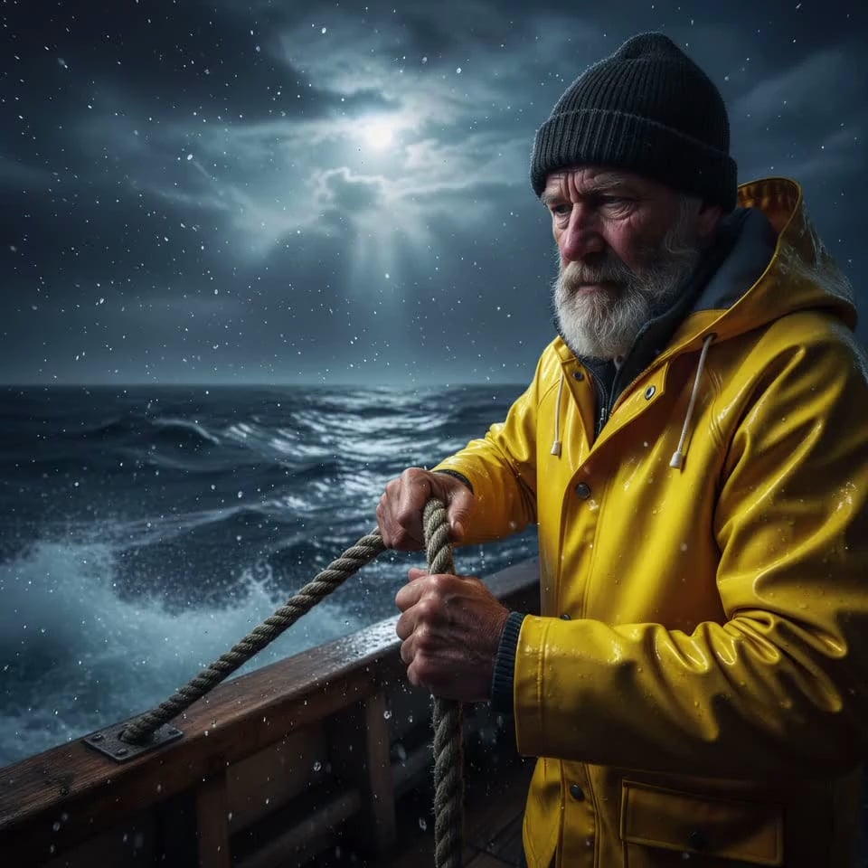 The weathered elderly fisherman in his vibrant yellow raincoat grips the wet, heavy rope with tensed muscles; his grey beard and beanie flutter in the gale-force wind while sea spray splashes across his face, causing him to squint and blink. The camera performs a slow, intense zoom-in on his determined eyes, incorporating a gritty handheld shake to simulate the violent rocking of the wooden boat. In the background, massive dark swells crash against the hull, sending plumes of white foam into the air, while heavy rain falls diagonally and clouds sweep rapidly across the moonlit sky. 4k, cinematic color grading, hyper-realistic textures, volumetric lighting, slow motion, highly detailed.