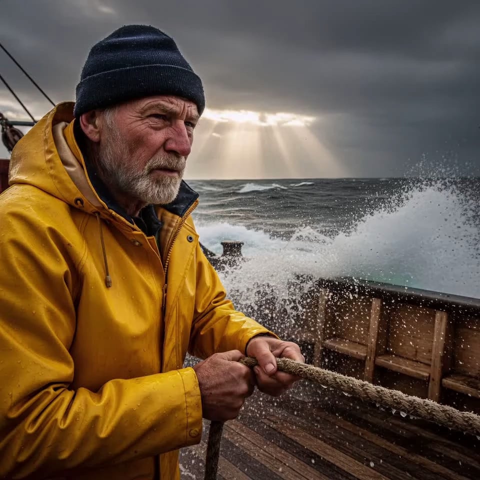 A grizzled elderly fisherman in a vibrant yellow oilskin jacket and navy beanie grips a heavy, salt-encrusted rope with intense focus. His white beard and the hood of his jacket flutter violently in the sea gale as he leans his body weight back against the tension of the line. Massive waves crash against the ship's hull, sending a dramatic explosion of white sea spray and mist across the wooden deck in slow motion. The camera executes a dynamic low-angle tracking shot that slowly pushes in toward his weathered face, incorporating a subtle handheld shake to simulate the turbulent rocking of the vessel. Crepuscular rays break through the dark, churning clouds, creating high-contrast volumetric lighting and glistening reflections on the wet surfaces. 4k, 60fps, realistic water physics, cinematic color grading, photorealistic, highly detailed.