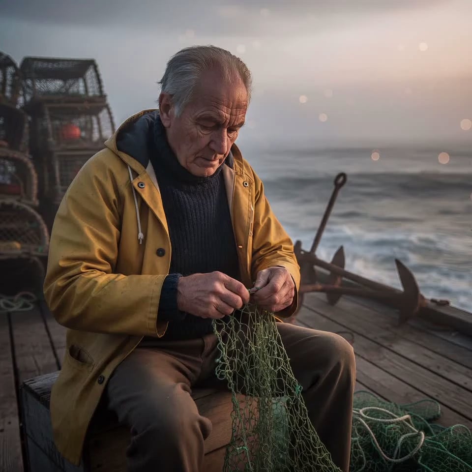 The elderly fisherman in the weathered yellow raincoat meticulously mends a green nylon net with his calloused fingers, his hands moving with practiced precision as he weaves and tightens the knots. His head tilts slightly to inspect the mesh, and he takes a deep, visible breath as his eyes blink slowly in concentration. In the background, the turbulent ocean waves crash rhythmically against the wooden pier, sending fine sea spray into the misty air, while the yellow fabric of his coat and the loose ends of the net flutter in the gusty salt breeze. The camera performs a slow, intimate cinematic push-in towards his weathered face and working hands, capturing the realistic texture of his wrinkled skin and the wool fibers of his turtleneck. Soft, golden twilight glows from the horizon, illuminating shimmering dust particles and sea mist with volumetric lighting. 4k, 60fps, highly detailed, photorealistic, cinematic color grading, subtle handheld camera movement.