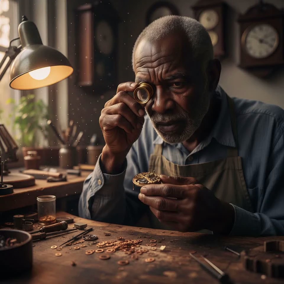 An elderly Black watchmaker with deeply lined skin and a silver beard peers intently through a jeweler’s loupe, his eyes blinking slowly as he meticulously adjusts a tiny golden gear with a precision tool; subtle dust motes dance in the warm glow of the desk lamp while the gears within the watch begin to rotate with mechanical grace. The camera performs a slow macro zoom-in on the jeweler’s loupe, transitioning into a shallow depth-of-field rack focus from his focused expression to the intricate inner workings of the timepiece. The atmosphere is filled with a nostalgic, warm amber light casting soft shadows across the wooden workbench, with the faint movement of clock hands visible on the wall behind him. 4k, 60fps, slow motion, highly detailed, realistic skin texture, cinematic color grading, volumetric lighting, photorealistic.