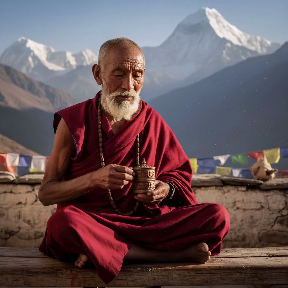 The elderly monk in maroon robes slowly rotates the ornate bronze prayer wheel, his weathered fingers rhythmically sliding along the wooden prayer beads. A sharp mountain breeze causes his long white beard and the edges of his robes to sway gently, while the colorful prayer flags in the background flap vigorously against the clear blue sky. In the distance, wispy clouds move in a time-lapse effect over the jagged, snow-capped Himalayan peaks as shimmering dust particles dance in the warm golden sunlight. The camera performs a slow, cinematic zoom-in towards the monk's serene face, capturing the fine textures of his skin and the peaceful closing of his eyes. 4k, 60fps, slow motion, volumetric lighting, photorealistic, cinematic color grading, highly detailed.