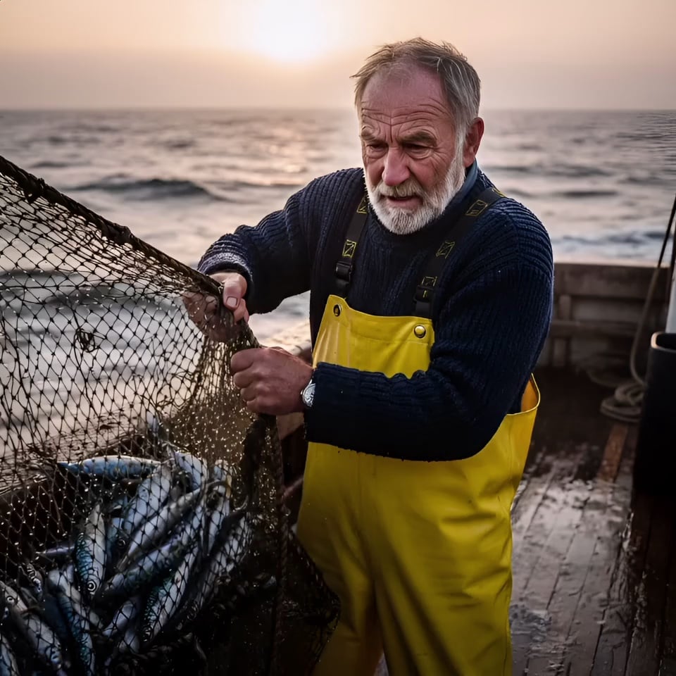 The grizzled fisherman with a white beard strains as he hauls the heavy net; inside, hundreds of silver fish flop and shimmer, spraying droplets of seawater. The fisherman's eyes narrow in concentration while the boat gently rocks on the rolling ocean swells. Slow cinematic zoom-in on the fisherman’s weathered face, capturing the subtle movement of his breath in the cool air. Golden hour light bathes the scene in a warm, orange glow with high-contrast shadows. 4k, 60fps, photorealistic, cinematic color grading, volumetric lighting, highly detailed textures.