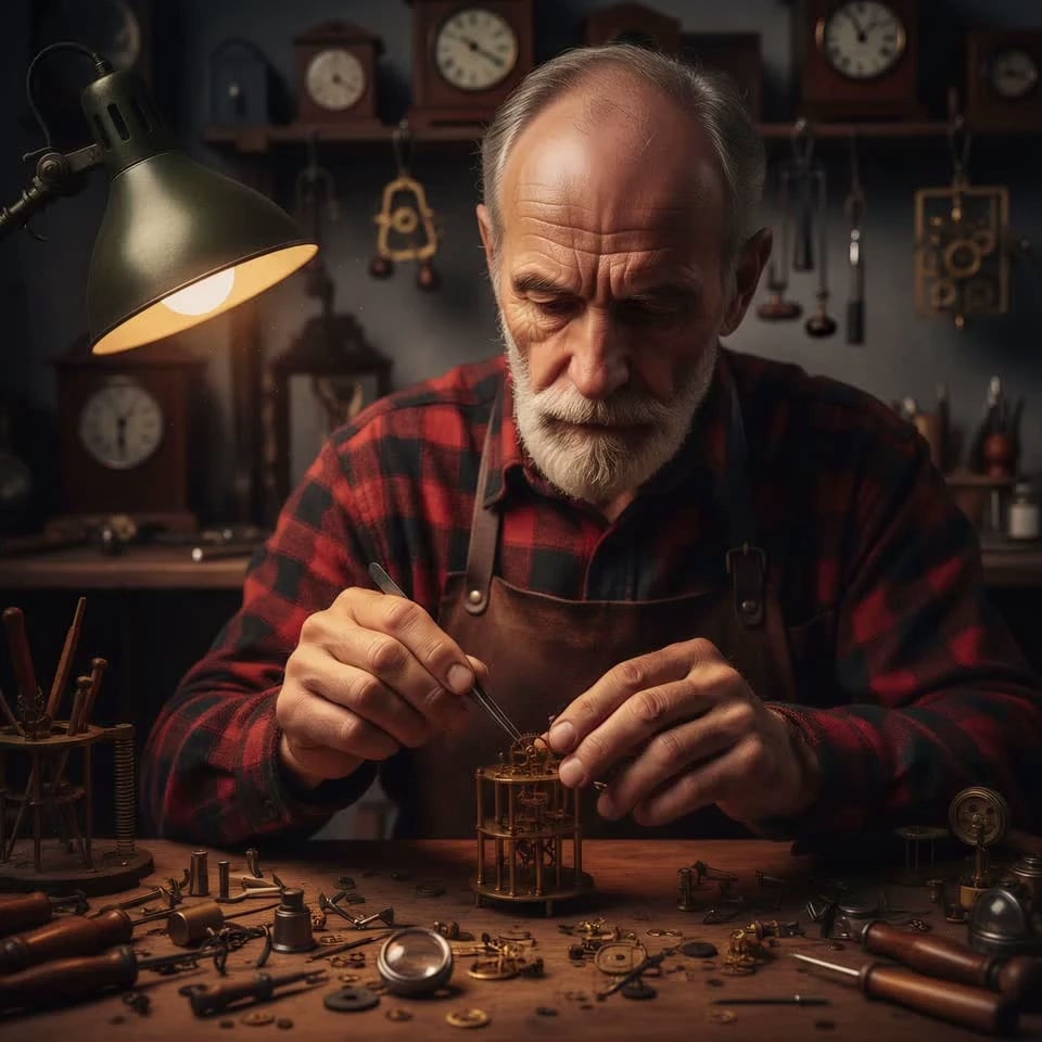 The elderly clockmaker with a silver beard and focused expression, wearing a red flannel shirt and a worn leather apron, uses fine tweezers to carefully adjust a tiny brass gear within the intricate clock mechanism; his fingers move with delicate precision while dust motes dance in the warm lamp light, and in the blurred background, antique clock pendulums swing in a steady rhythm. Slow cinematic zoom-in, transitioning from a medium shot of the craftsman to a macro close-up of the mechanical components. Warm amber lighting from the vintage desk lamp creates deep shadows and highlights the metallic sheen of the gears, creating a cozy and nostalgic workshop atmosphere. 4k, 60fps, slow motion, motion blur, highly detailed, realistic texture, cinematic color grading, volumetric lighting, photorealistic.