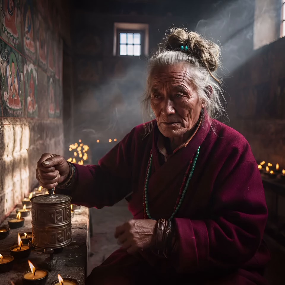 An elderly Tibetan woman with deeply weathered skin and silver hair tied in a bun spins a heavy brass prayer wheel with a steady, rhythmic motion. Her eyes blink slowly with profound devotion as wisps of incense smoke swirl through dramatic light rays streaming from a high window. The golden flames of numerous butter lamps flicker in the foreground, casting dancing shadows on the ancient mural-covered walls. The camera performs a slow, intimate zoom-in on her face, capturing the fine details of her expression and the warm glow of the firelight. 4k, 60fps, cinematic color grading, volumetric lighting, photorealistic, highly detailed, slow motion.