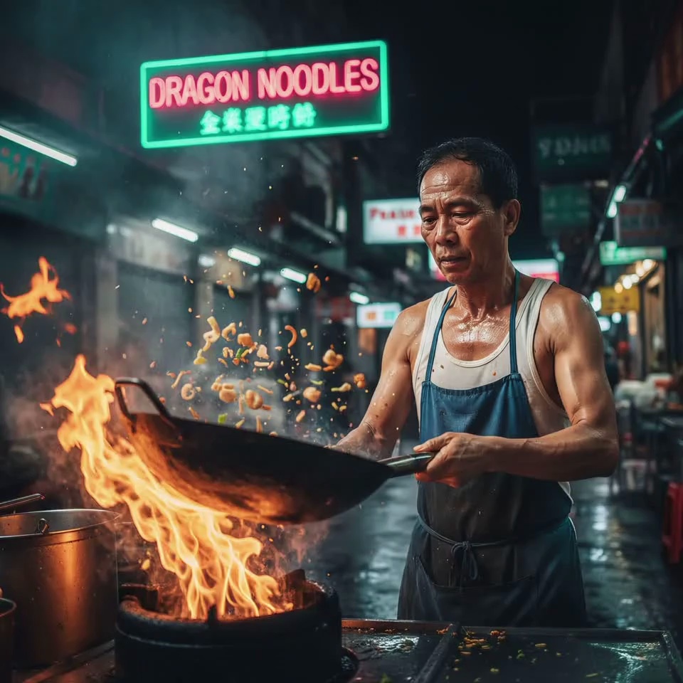 A middle-aged street chef with glistening sweat on his skin vigorously tosses a heavy wok, sending noodles and ingredients flying in a synchronized arc as massive orange flames roar from the stove. The chef blinks with intense focus while steam, smoke, and glowing embers swirl around him in the humid night air. A dynamic low-angle camera slowly zooms in on his face, capturing the heat distortion and the flickering reflection of the emerald green "Dragon Noodles" neon sign. 4k, 60fps, slow motion, motion blur, highly detailed, realistic skin texture, cinematic color grading, volumetric lighting, photorealistic.