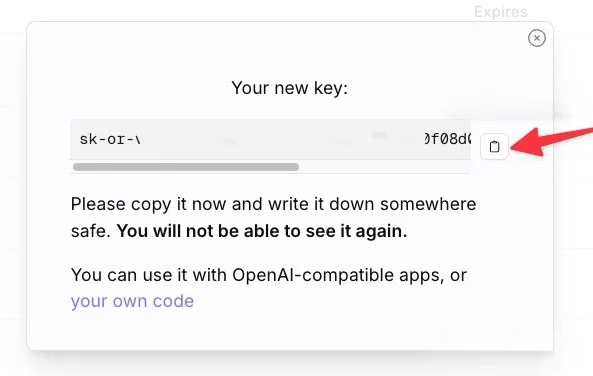 Copy the key immediately and save it somewhere safe — it is only shown once