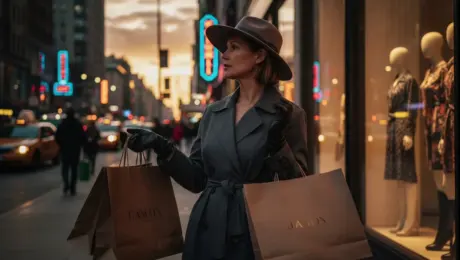 Retain the central woman’s profile, her sophisticated grey belted trench coat, and her pose holding bags in both hands. Replace the brown felt hat with a wide-brimmed black velvet hat featuring a silver serpent brooch on the band. Transform the brown paper shopping bags into high-end luxury matte black carrier bags with embossed gold foil lettering that reads "NOIR" and thick silk ribbon handles. In the background shop window, replace the floral mannequins with sleek, avant-garde silver metallic statues draped in sheer neon-violet fabrics. Change the evening sunset lighting to a deep midnight blue atmosphere, intensified by vibrant rain-slicked pavement reflecting the surrounding neon signs. Replace the yellow taxis with futuristic black sleek electric sedans featuring glowing blue headlights. The overall mood should be an "upper-class cyberpunk noir" aesthetic. Technical specs: Photorealistic style, 8k resolution, cinematic lighting with high contrast, sharp textures on the coat fabric and leather gloves, volumetric fog, shot on a 35mm lens.