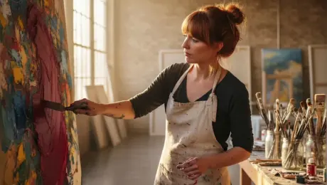 Cinematic high-definition video of a focused female artist with vibrant ginger hair in a messy bun, wearing a heavily paint-stained canvas apron over a dark sweater. She is standing in a sun-drenched, industrial-style art studio with exposed brick walls and large loft windows. The artist uses a metal palette knife to masterfully spread thick, viscous crimson oil paint across a large abstract canvas, creating deep impasto textures that catch the golden afternoon light. 

The camera begins with a macro close-up of the palette knife carving through the buttery paint, revealing the intricate ridges and blending of yellow and blue undertones, then smoothly dollies back and pans up to reveal the artist’s intense, creative expression. Soft dust motes dance in the visible sunbeams streaming through the windows. The background is filled with blurred easels and jars of brushes, creating a shallow depth of field. 

The lighting is warm and golden, casting long shadows and highlighting the tactile quality of the paint and the fabric of her apron. The atmosphere is quiet, serene, and deeply immersive, capturing the raw essence of the creative process. High dynamic range, 4k resolution, 60fps, realistic textures, cinematic lighting, slow-motion hand movements.